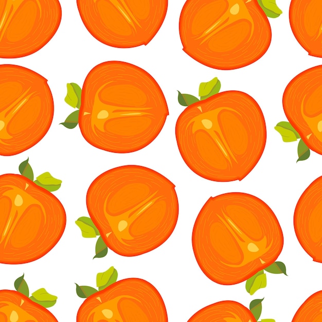 Seamless pattern with cut kaki persimmon fruit pattern on white background