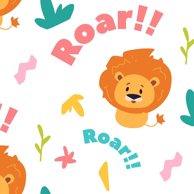 Seamless pattern with cute african baby lion animals and leaves design