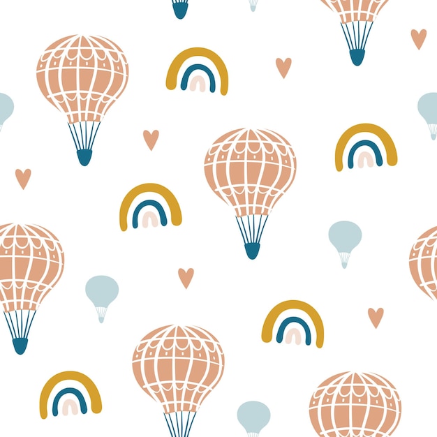 Seamless pattern with cute air balloon rainbow