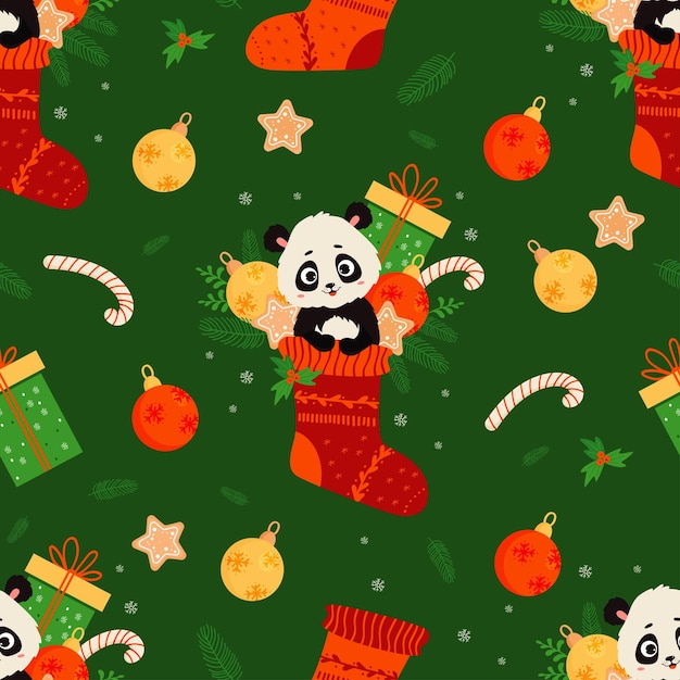 Seamless pattern with cute animal panda in Christmas sock with gift gingerbread and balls