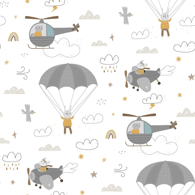 Seamless pattern with cute animals for air transport helicopter plane parachute