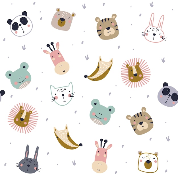 Seamless pattern with cute animals faces Childish print Vector cartoon illustration