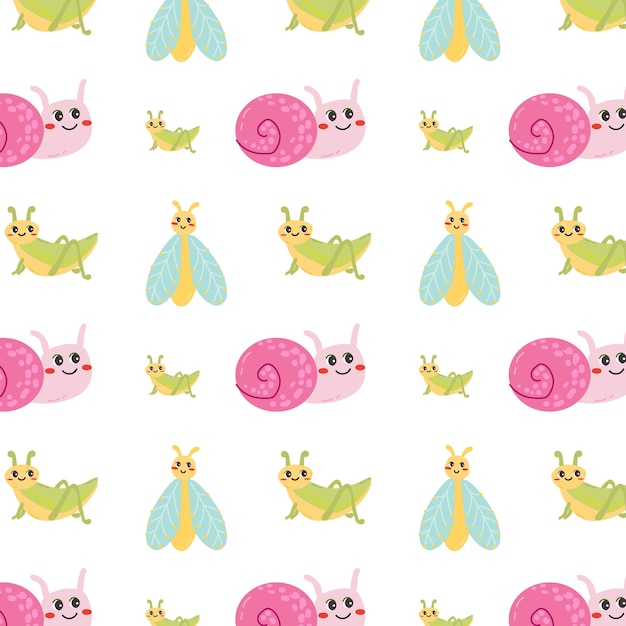 Seamless pattern with cute animals insects fly snail and grasshopper kids animal background spring