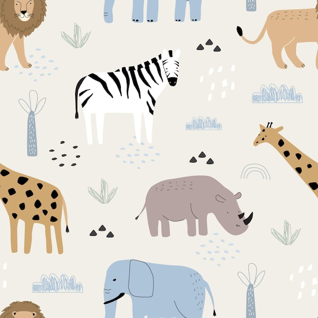 Seamless pattern with cute animals zebra giraffe rhinoceros and elephant on a colored background