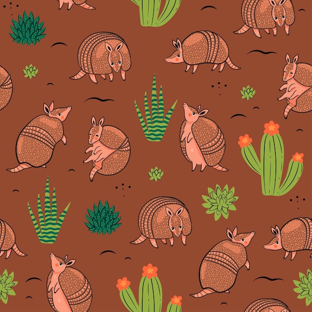 Vector seamless pattern with cute armadillos in the desert vector graphics