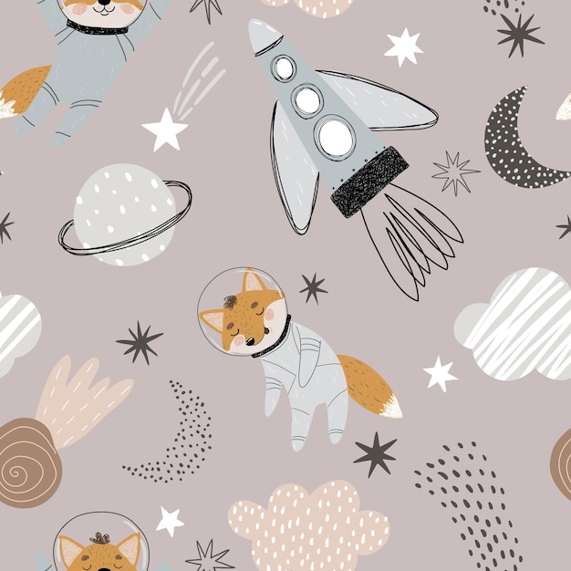 Seamless pattern with cute astronaut foxes planets and stars for children's textiles