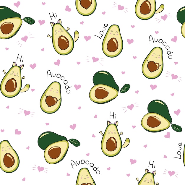 Seamless pattern with cute avocado avocadokitty