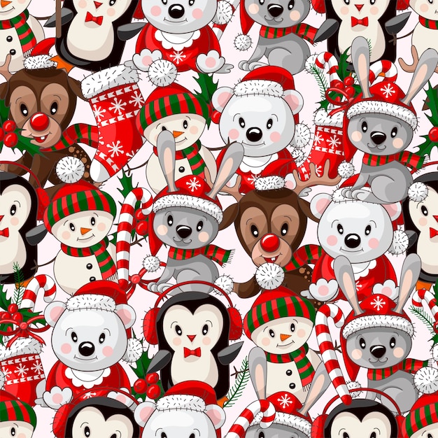 Seamless pattern with cute baby animals on Christmas wear Vector