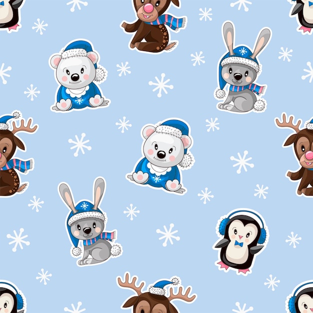 Seamless pattern with cute baby animals on Christmas wear Vector