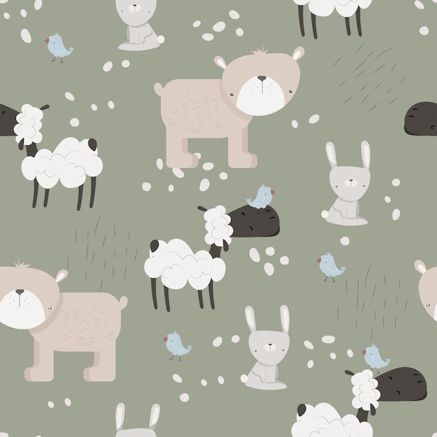 Seamless pattern with cute bear  hare sheep and bird in scandinavian style vector kid background