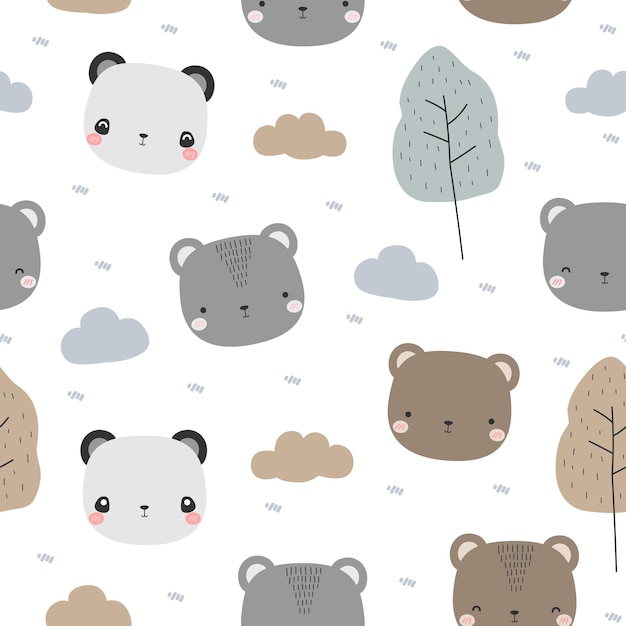 Seamless pattern with cute bear and panda head cartoon doodle