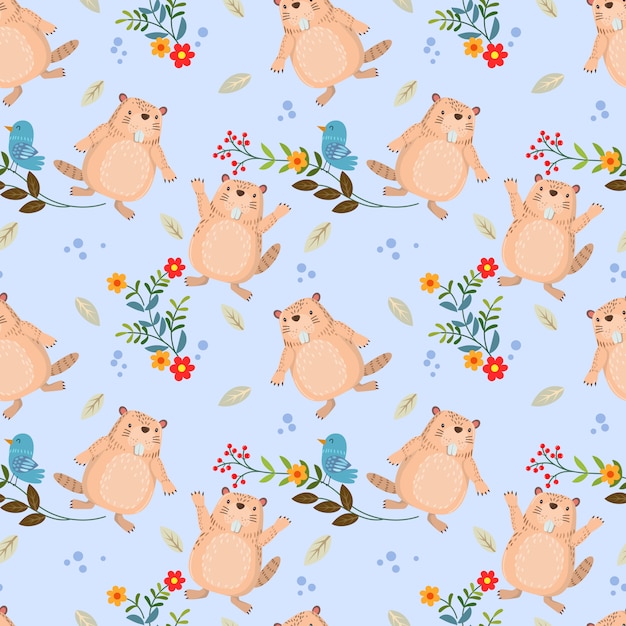 Seamless pattern with cute beaver and bird on branch