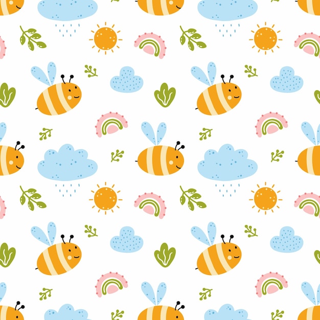 Seamless pattern with cute bee for sewing children clothes. Background in nursery with clouds and rainbow. Printing on textiles.