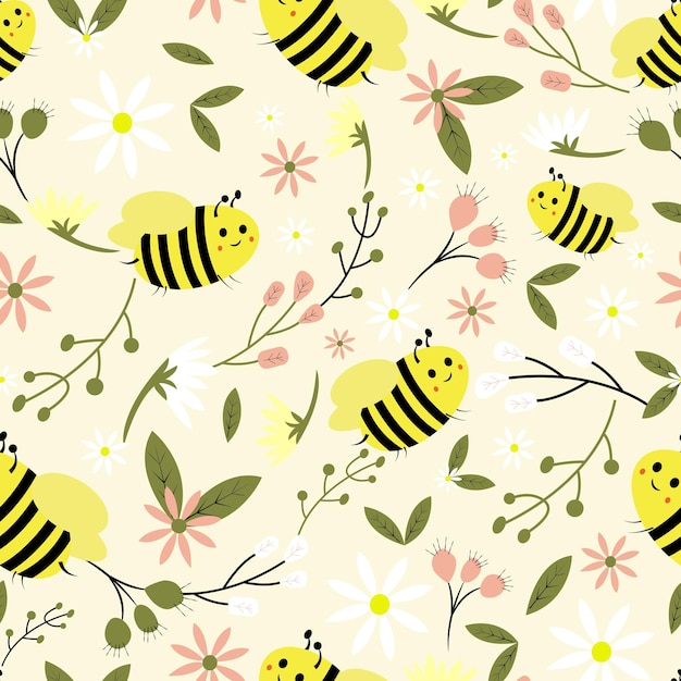 Seamless pattern with cute bees surrounded by cute flowers and leaves