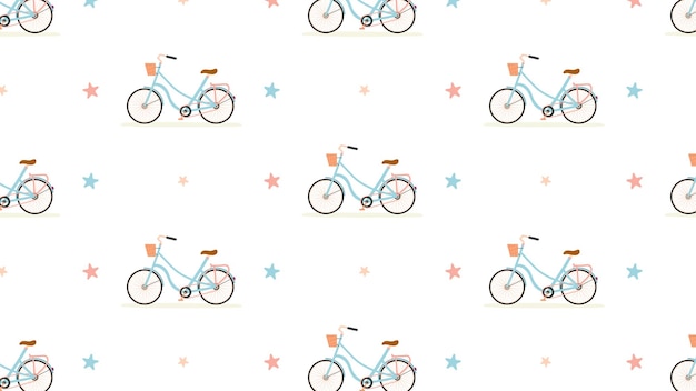 Seamless pattern with a cute bike with a basket Vector illustration