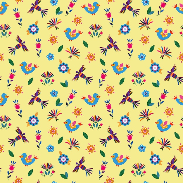 Seamless pattern with cute birds and flowers for the holiday Cinco de mayo