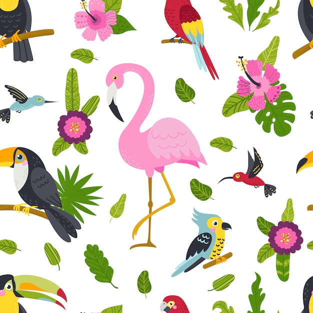 Vector seamless pattern with cute birds and plants