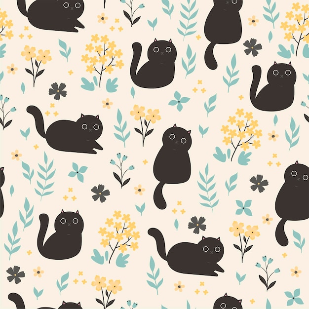 Seamless pattern with cute black cats and flowers Vector graphics