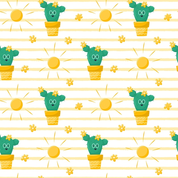 Seamless pattern with a cute blooming cactus a character with glasses the sun and flowers Summer vector illustrations in a flat cartoon style on a white background with yellow texture stripes