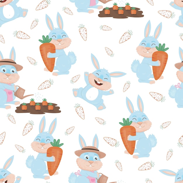 Seamless pattern with a cute blue bunny