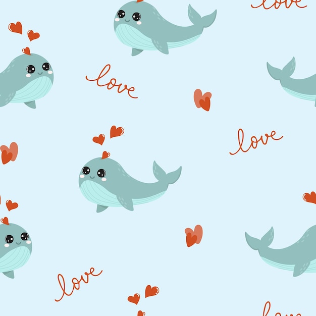 Seamless pattern with cute blue whale with hearts Background for wrapping paper greeting cards