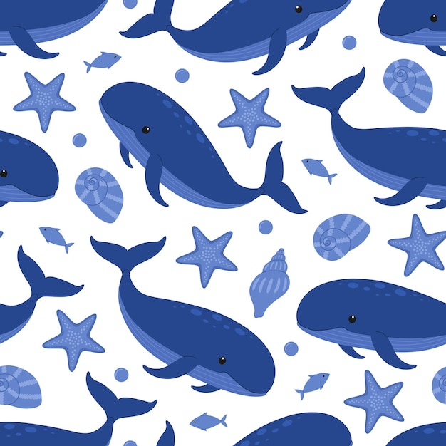귀여운 파란 고래와 함께 원활한 패턴 항성  ⁇ 데기 물고기와 거품  ⁇ 터 평평한 일러스트레이션