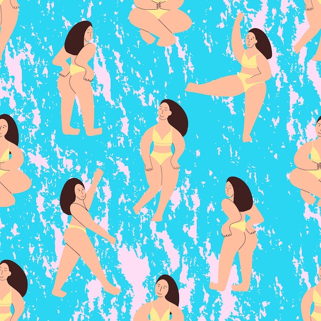 Seamless pattern with cute body positive girls