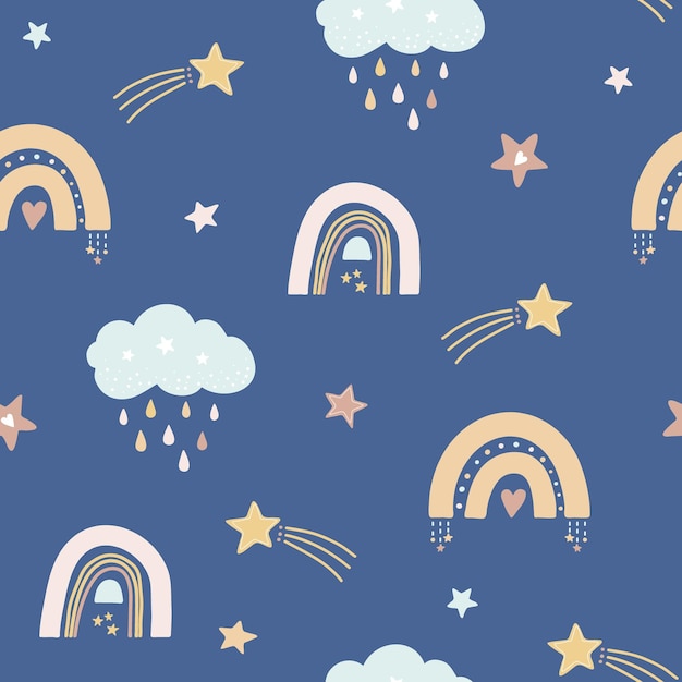 Vector seamless pattern with cute boho style elements rainbows clouds and stars