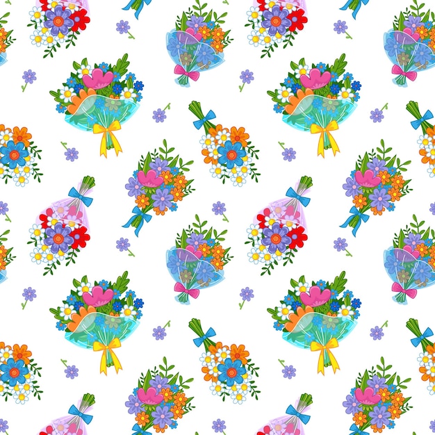 Seamless pattern with cute bouquets of flowers on white background spring childrens decor vector