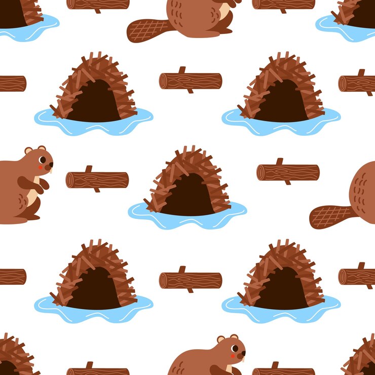 Vector seamless pattern with cute brown beaver and huts woodland pattern