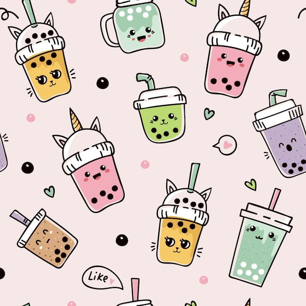 Modello senza cuciture con simpatico bubble tea o pearl tea pearl