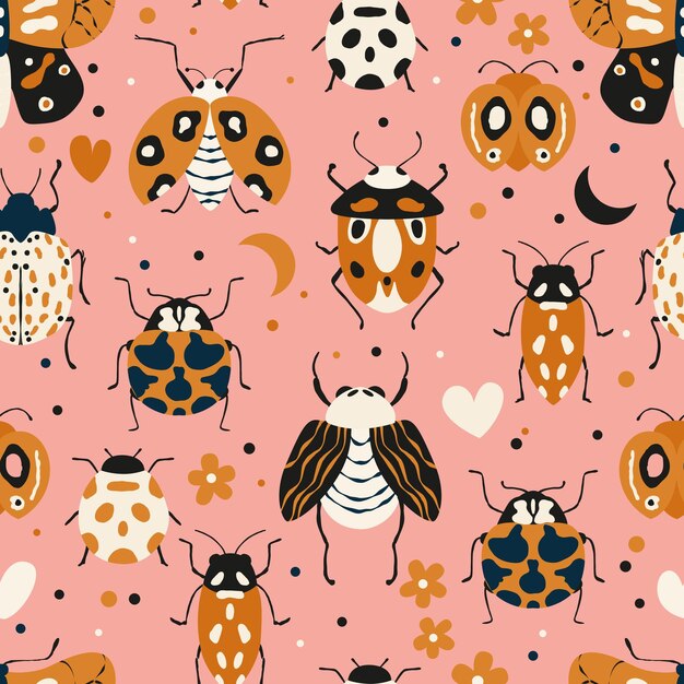 Seamless pattern with cute bugs beetles moth and insects with floral elements hearts and dots Colorful hand drawn vector illustration