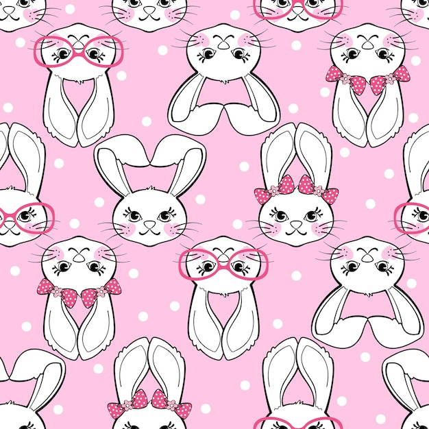 Seamless pattern with cute bunny girl on polka dot background