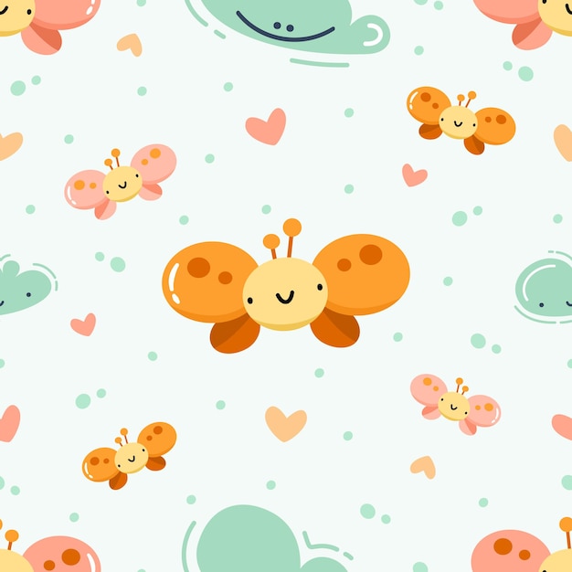 Seamless pattern with cute butterflies and cartoon clouds