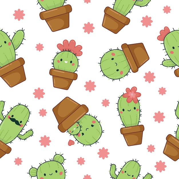 Seamless pattern with cute cactus in flowerpots on white background