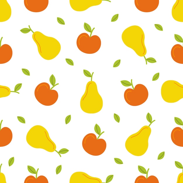 Seamless pattern with cute cartoon apples and pears