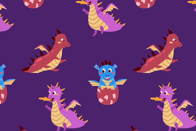 Vector seamless pattern with cute cartoon baby dragons