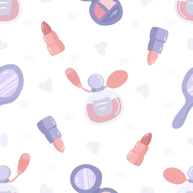 Seamless pattern with cute cartoon beauty products lipstick eyeshadow perfume