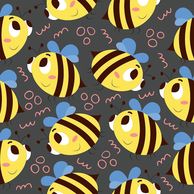 Seamless pattern with cute cartoon bee and abstract shapes Vector illustration