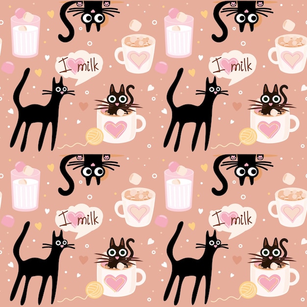 Seamless pattern with cute cartoon black cats hearts and marshmallows