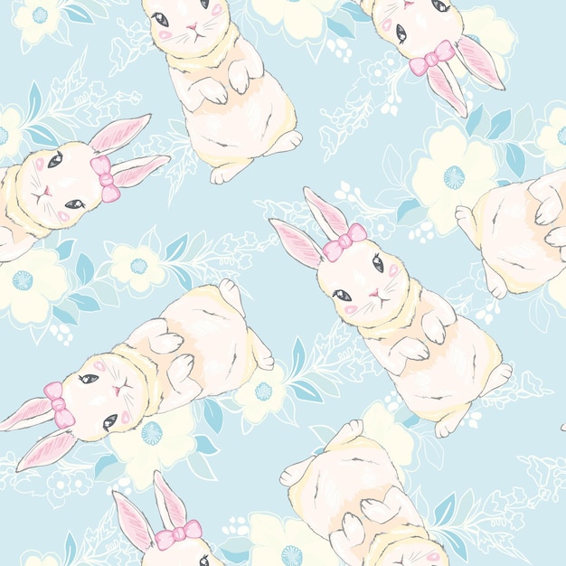 Seamless pattern with cute cartoon bunny