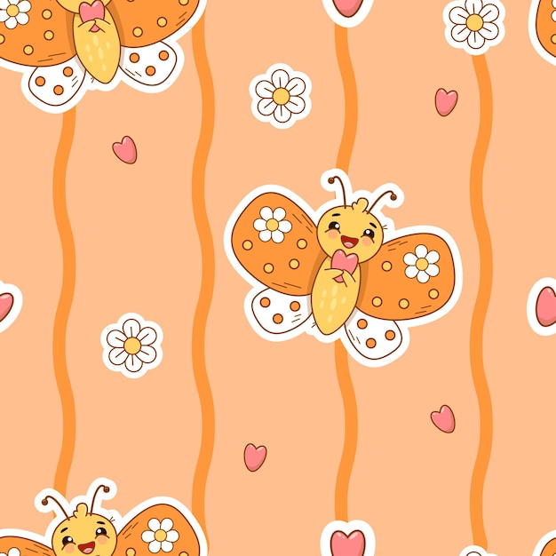 Seamless pattern with cute cartoon butterfly with heart on orange background Groovy kids collection