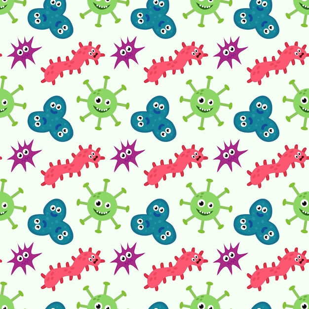 Seamless Pattern with Cute cartoon characters virus bacteria microbe Microbiology organisms funny