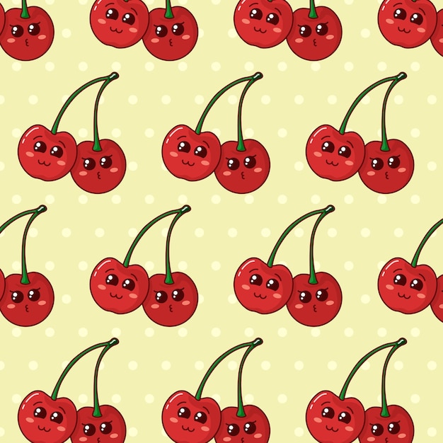 Seamless pattern with cute cartoon Cherry on yellow Polka dot backdrop. Cherry pattern for any use.