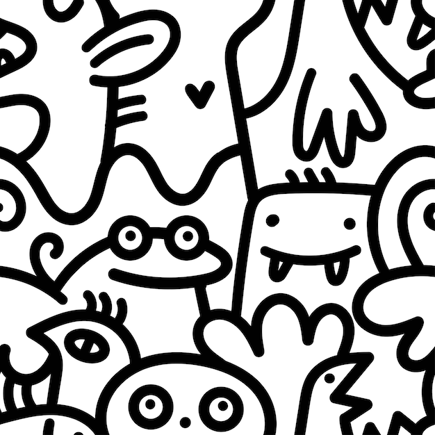 Seamless pattern with cute cartoon creatures on white background Funny cartoon animals print Doodle monster poster