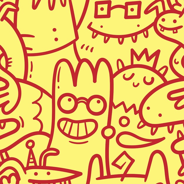 Seamless pattern with cute cartoon creatures on yellow background Funny cartoon animals print Doodle monster poster