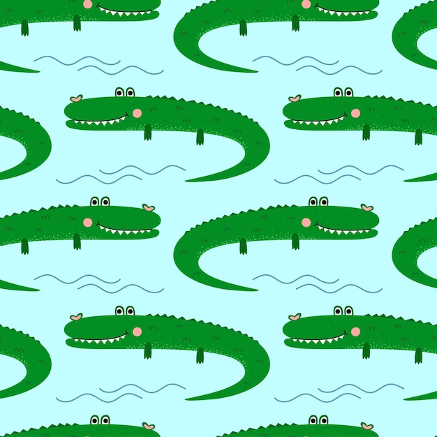 Бесшовный рисунок с милыми мультяшными крокодилами в геометрическом расположении