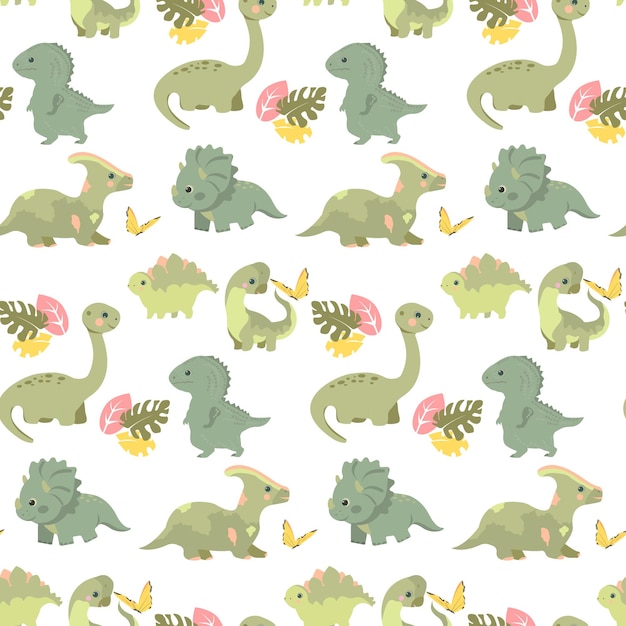 Seamless pattern with cute cartoon dinosaurs Childish fun seamless background