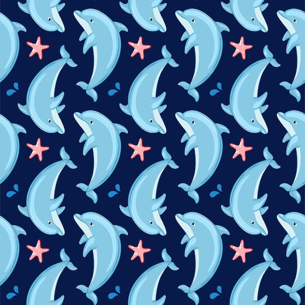 Seamless pattern with cute cartoon dolphins and starfish Vector illustration Cartoon style blue background For printing design wallpaper decor textiles and packaging