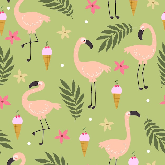 Seamless pattern with cute cartoon flamingos plant ice cream